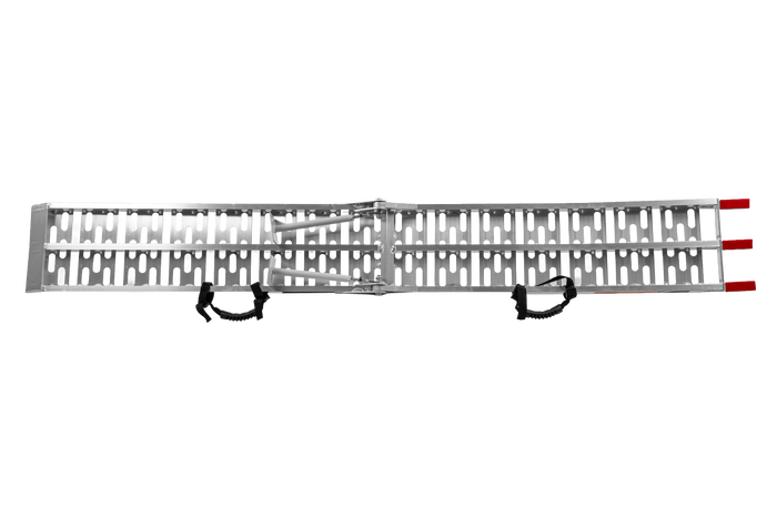 Rampe pliable UNITRAILER ALR003 en aluminium pour remorque, 221 cm, 340 kg, avec sangle et support.