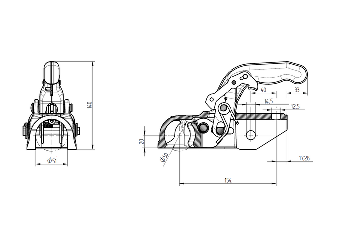 Attelage à boule KNOTT K35-A pour remorque de 3 500 kg avec timon tubulaire de 50 mm, en fonte