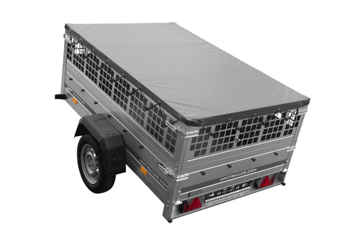 Remorque porte-voitures 200x125 UNITRAILER GARDEN 201 KIPP avec côtés en filet, châssis H-0 et bâche grise