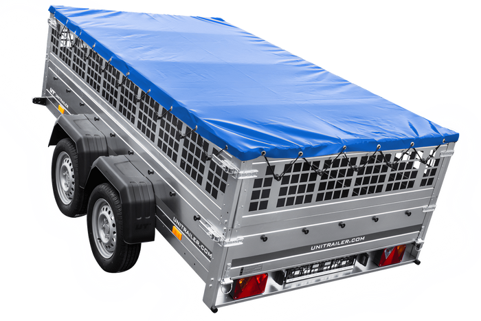 Remorque légère 264x150 UNITRAILER GARDEN 265/2 KIPP avec côtés en filet, châssis H-0 et bâche bleue