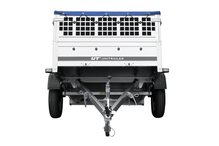Remorque à un essieu 200x125 UNITRAILER GARDEN 201 KIPP avec côtés en filet et bâche bleue