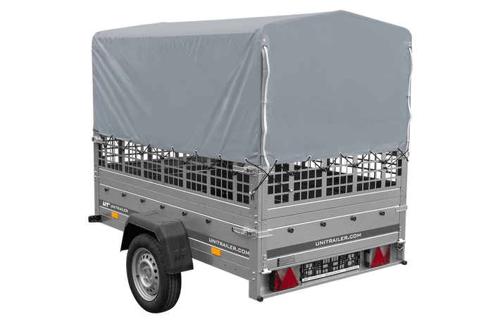 Remorque à un essieu 200x125 UNITRAILER GARDEN 201 KIPP avec ridelles grillagées, châssis H-800 et bâche grise
