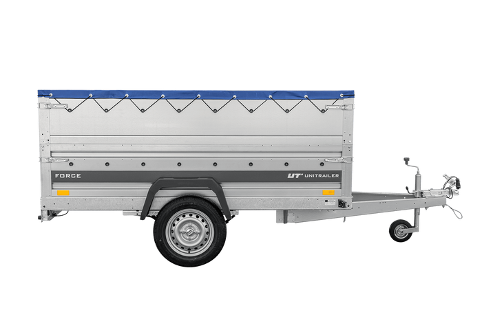 Remorque porte-voitures sur ressorts 230x125 UNITRAILER FORCE 230/R KIPP avec côtés BIS, châssis H-0 et bâche bleue