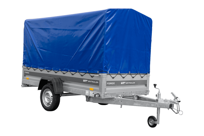 Remorque porte-voitures 264x125 UNITRAILER FORCE 264 KIPP avec châssis H-1100 et bâche bleue