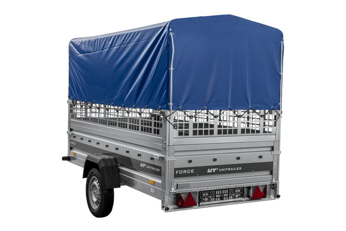 Remorque porte-voitures 264x125 UNITRAILER FORCE 264 KIPP avec côtés en filet, châssis H-800 et bâche bleue