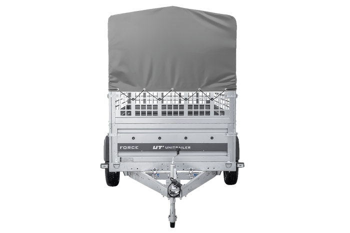 Remorque porte-voitures sur ressorts 264x125 UNITRAILER FORCE 264/R KIPP avec côtés en filet, châssis H-800 et bâche grise