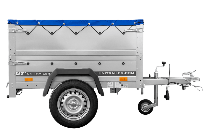 Remorque petite à vendre à benne basculante - Garden Trailer 150 KIPP [avec rehausses de ridelles et bâche plate bleue]