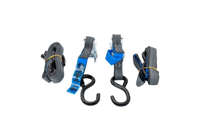 Ensemble de deux sangles de transport HILLS 3 m/25 mm/1 t avec tendeur et deux harnais de 0,45 m pour la fixation de la moto