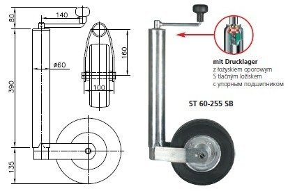 Roue jockey avec collier WINTERHOFF ST60-255SB+KLE60, 250 kg, 60 mm, 525-755 mm