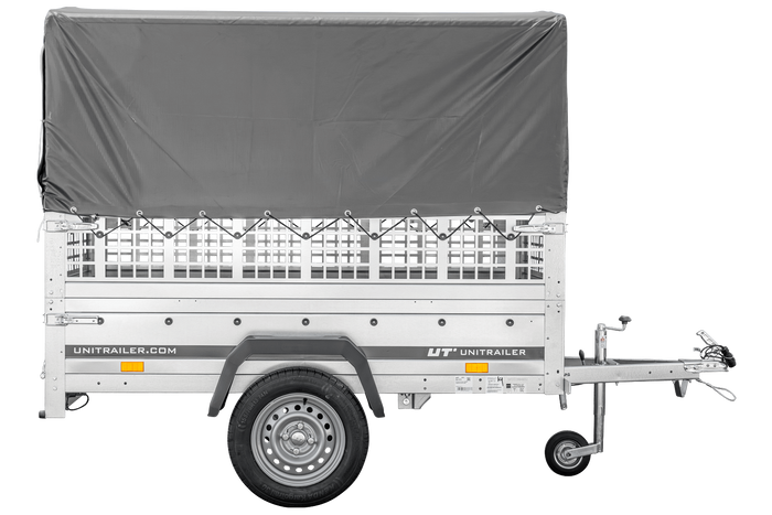 Remorque porte-voitures 200x106 UNITRAILER GARDEN 200 KIPP avec côtés en filet, châssis H-800 et bâche grise