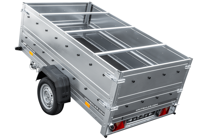 Grande remorque 230x125 avec bâche plate grise, tiges de support bâche, rehausses de ridelles et roue jockey - Garden Trailer 230 KIPP