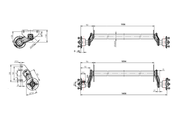 Essieu non freiné KNOTT VG7-L pour remorque de bateau 750 kg 1094 mm 1406 mm 4x100