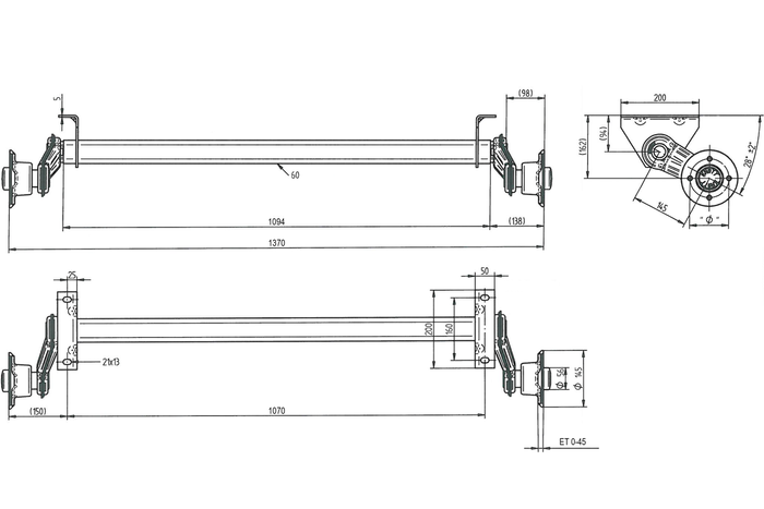 Essieu non freiné KNOTT VG7-L pour remorque UNITRAILER 750kg 1070mm 1370mm 4x100