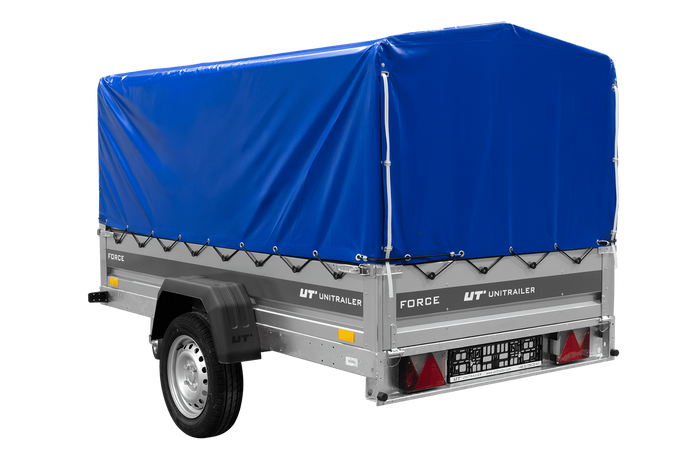 Remorque à un essieu 230x125 UNITRAILER FORCE 230 KIPP avec châssis H-800 et bâche bleue