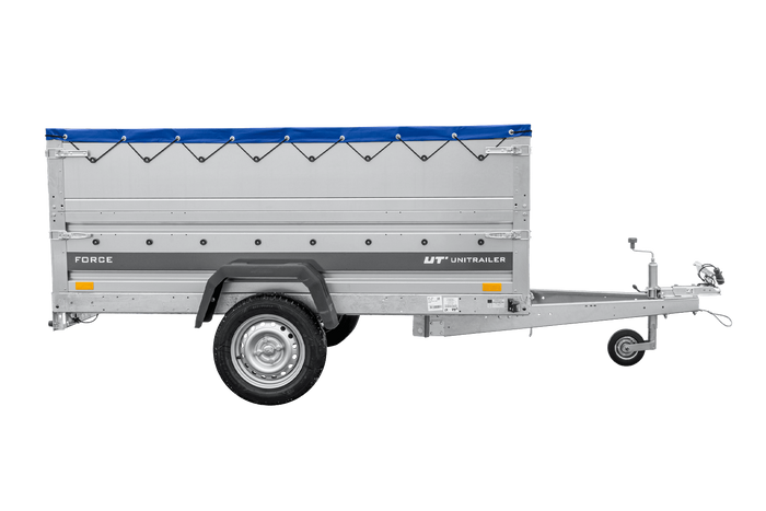 Remorque légère 230x125 UNITRAILER FORCE 230 KIPP avec ridelles BIS, châssis H-0 et bâche bleue