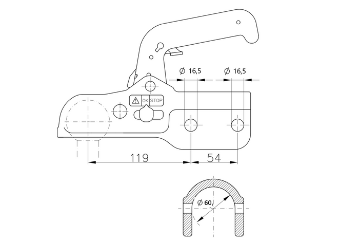 Attelage à boule WINTERHOFF WW 350-RCH-1616 pour remorque de 3500 kg avec timon tubulaire de 60 mm, en fonte