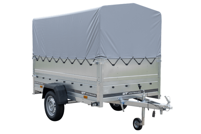 Remorque porte-voitures 230x125 UNITRAILER GARDEN 230 KIPP avec ridelles BIS, châssis H-800 et bâche grise