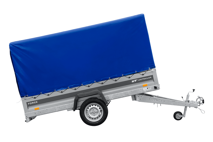Remorque à un essieu sur ressorts 264x125 UNITRAILER FORCE 264/R KIPP avec châssis H-1100 et bâche bleue
