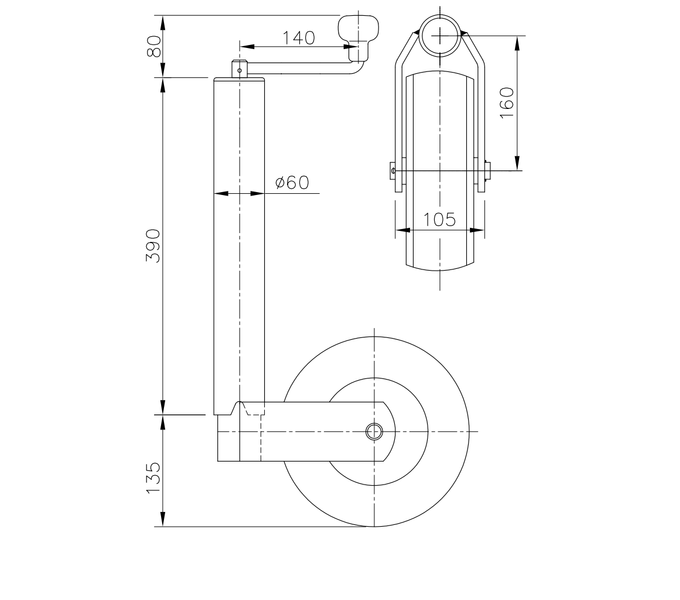 Roue de support, jockey WINTERHOFF ST60-V-255SB, 400 kg, 60 mm, 525-755 mm