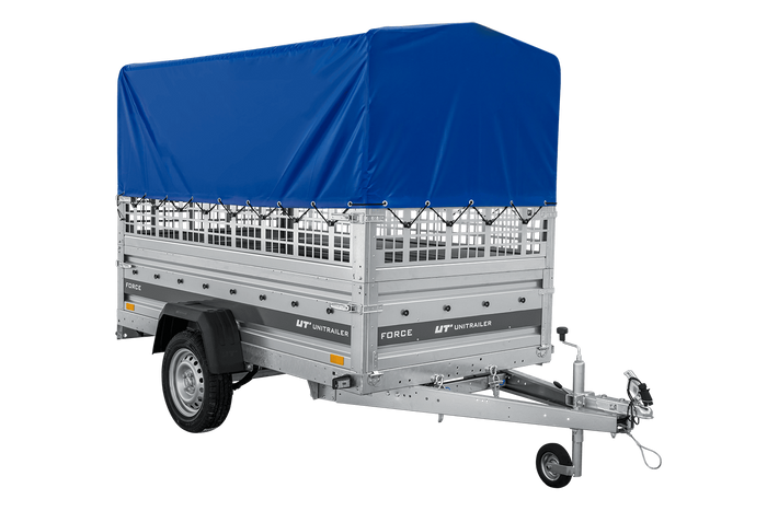 Remorque porte-voitures sur ressorts 230x125 UNITRAILER FORCE 230/R KIPP avec côtés en filet, châssis H-800 et bâche bleue