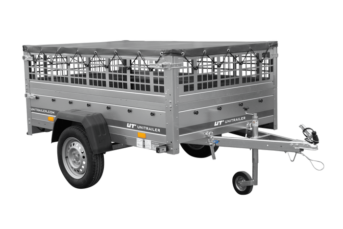 Remorque à un essieu 200x125 UNITRAILER GARDEN 201 KIPP avec ridelles grillagées et bâche grise