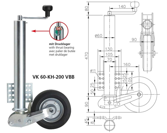 Roue de support automatique WINTERHOFF VK60-KH-200VBB avec poignée, 250 kg, 60 mm, 560-1030 mm