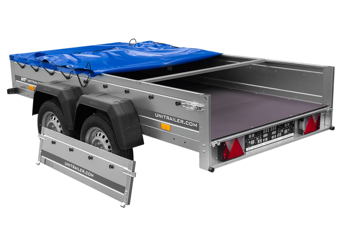 UNITRAILER 264/2 KIPP AVEC ROUE JOCKEY, TIGES DE SUPPORT ET BÂCHE PLATE BLEUE 