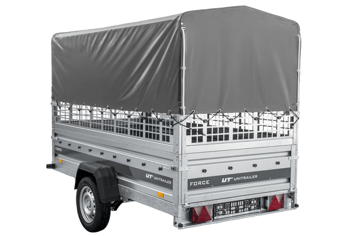 Remorque porte-voitures sur ressorts 264x125 UNITRAILER FORCE 264/R KIPP avec côtés en filet, châssis H-800 et bâche grise