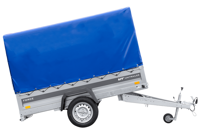 Remorque porte-voitures sur ressorts 230x125 UNITRAILER FORCE 230/R KIPP avec châssis H-1100 et bâche bleue