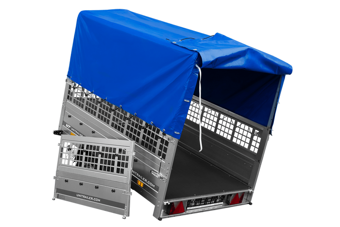 Remorque à un essieu sur ressorts UNITRAILER GARDEN 201/R KIPP 200x125 avec côtés en filet, châssis H-800 et bâche bleue