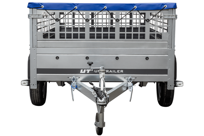 Remorque porte-voitures 230x125 UNITRAILER GARDEN 230 KIPP avec côtés en filet et bâche bleue