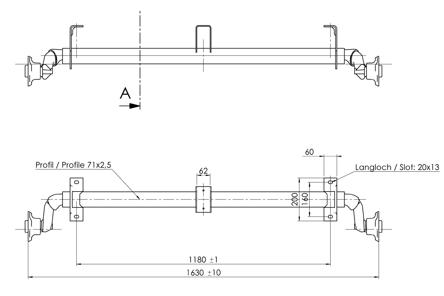 Essieu non freiné pour remorque AL-KO 750 kg A:1200mm C:1630mm 5x112 -  UNITRAILER