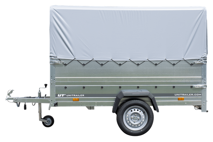 Remorque porte-voitures 230x125 UNITRAILER GARDEN 230 KIPP avec ridelles BIS, châssis H-800 et bâche grise