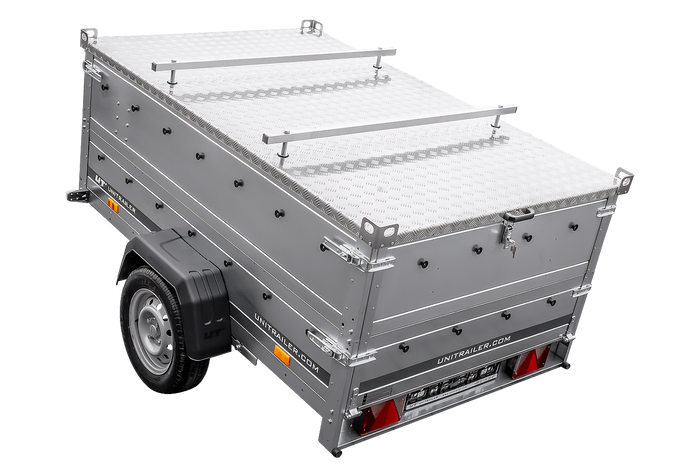 Remorque à un essieu sur ressorts 230x125 UNITRAILER GARDEN 230/R KIPP avec ridelles supplémentaires et capot en aluminium