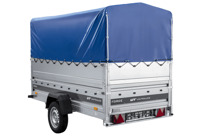 Remorque porte-voitures 264x125 UNITRAILER FORCE 264 KIPP avec ridelles BIS, châssis H-800 et bâche bleue