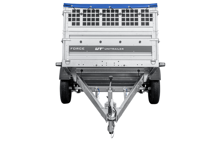 Remorque légère sur ressorts 230x125 UNITRAILER FORCE 230/R KIPP avec côtés en filet, châssis H-0 et bâche bleue