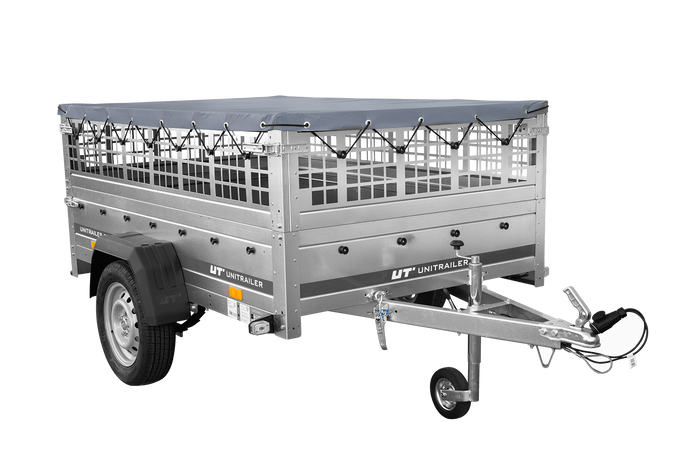 Remorque porte-voitures sur ressorts 200x125 UNITRAILER GARDEN 201/R KIPP avec côtés en filet, châssis H-0 et bâche grise