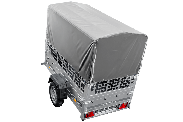 Remorque porte-voitures 200x106 UNITRAILER GARDEN 200 KIPP avec côtés en filet, châssis H-800 et bâche grise