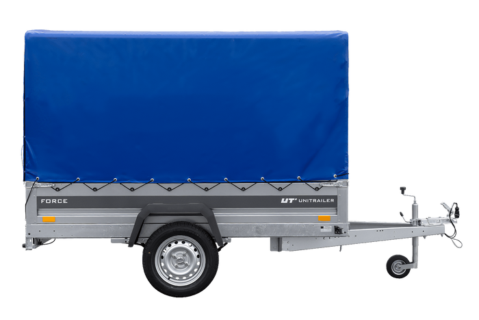 Remorque porte-voitures sur ressorts 230x125 UNITRAILER FORCE 230/R KIPP avec châssis H-1100 et bâche bleue