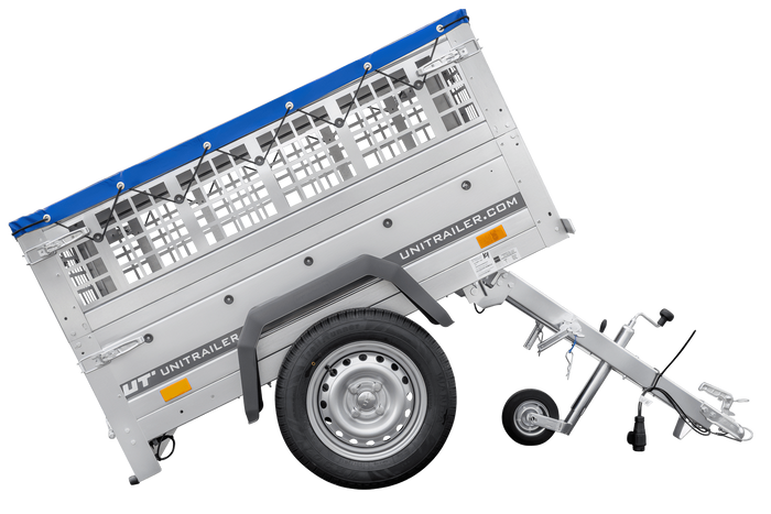 Remorque porte-voitures 150x106 UNITRAILER GARDEN 150 KIPP avec côtés en filet et bâche bleue