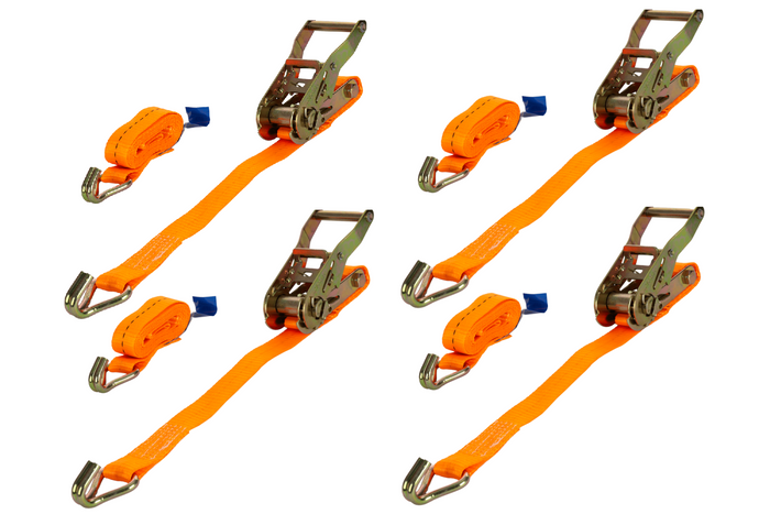 Ensemble de quatre courroies de transport UNITRAILER 12 m/25 mm/1 t orange avec tendeur