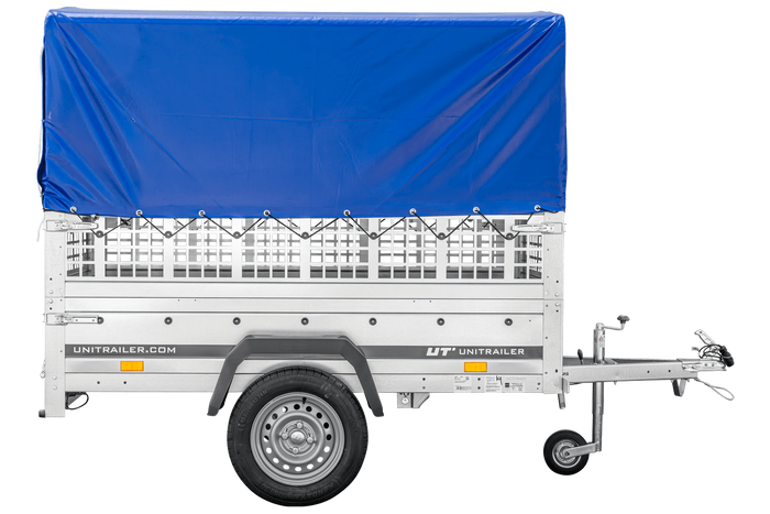 Remorque légère 200x106 UNITRAILER GARDEN 200 KIPP avec côtés en filet, châssis H-800 et bâche bleue