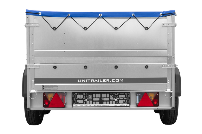 Remorque double essieux Garden Trailer 264/2 KIPP avec roue jockey, rehausses de ridelles et bâche plate bleue