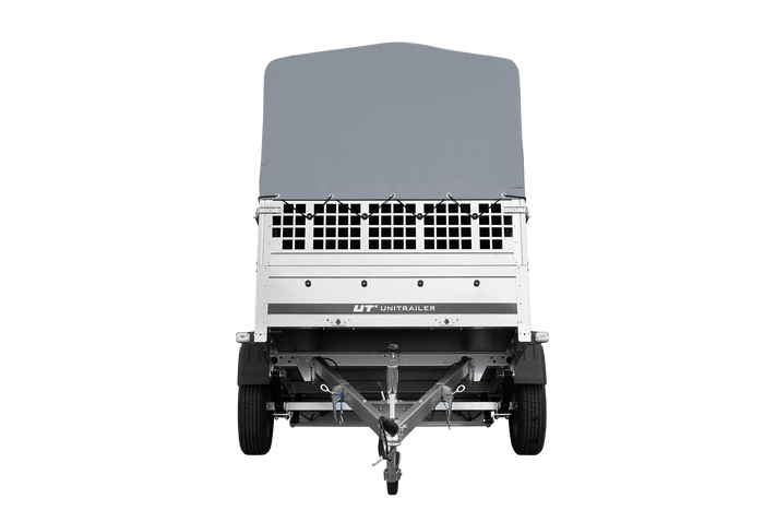 Remorque à un essieu sur ressorts UNITRAILER GARDEN 201/R KIPP 200x125 avec côtés, ridelles grillagées châssis H-800 et bâche grise