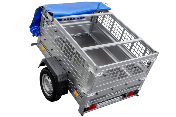 Remorque porte-voitures 150x106 UNITRAILER GARDEN 150 KIPP avec côtés en filet et bâche bleue
