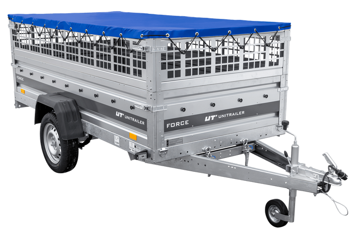 Remorque à un essieu sur ressorts 264x125 UNITRAILER FORCE 264/R KIPP avec côtés en filet, châssis H-0 et bâche bleue