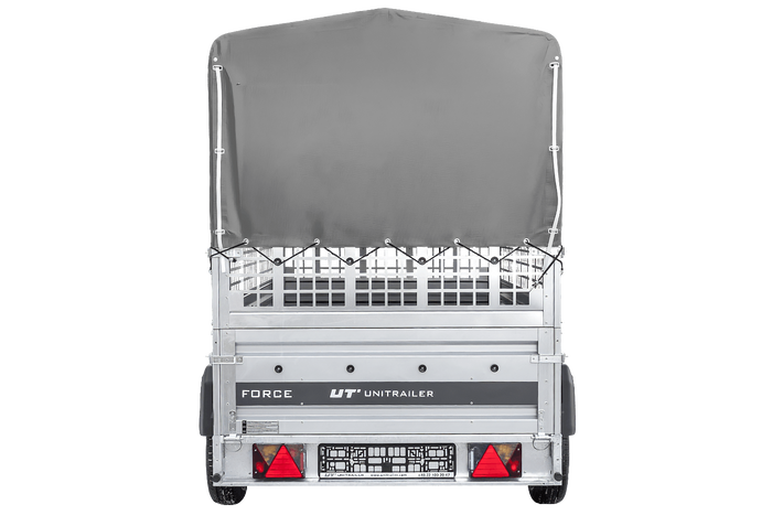 Remorque à un essieu 230x125 UNITRAILER FORCE 230 KIPP avec ridelles grillagées, châssis H-800 et bâche grise