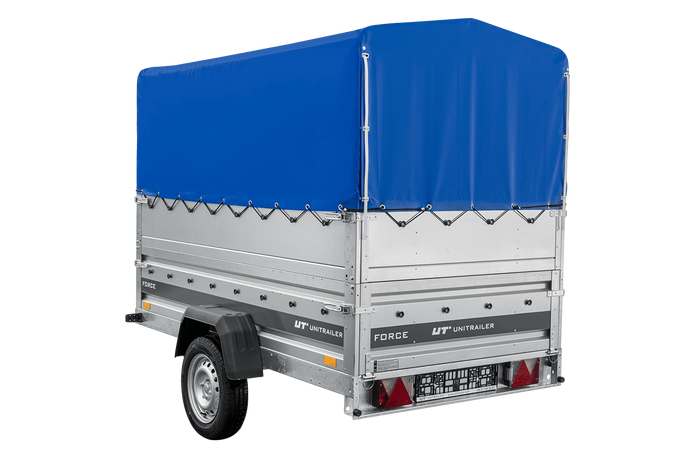 Remorque porte-voitures 230x125 UNITRAILER FORCE 230 KIPP avec ridelles BIS, châssis H-800 et bâche bleue