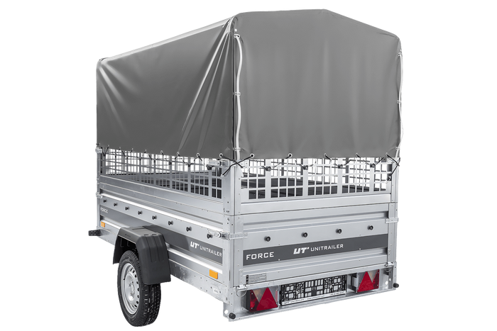 Remorque à un essieu 230x125 UNITRAILER FORCE 230 KIPP avec ridelles grillagées, châssis H-800 et bâche grise