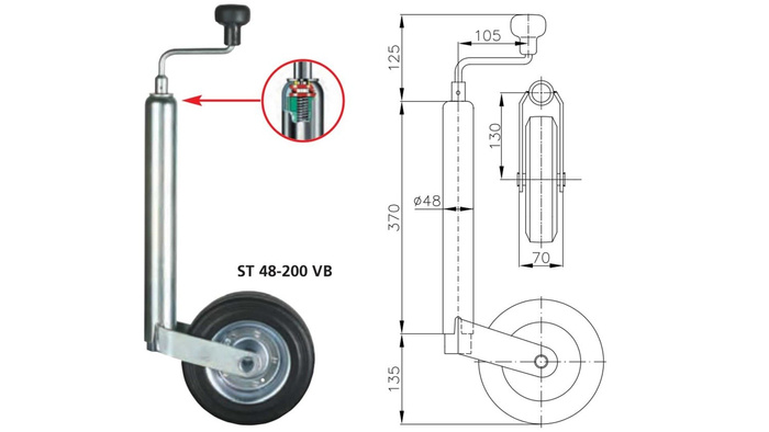 Roue jockey avec bride WINTERHOFF ST48-200VB+KLE48 150 kg 48 mm 505-725 mm